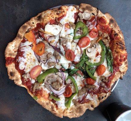 Farmer's Market on crispy artisan thin crust with added sausage