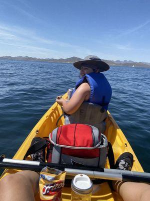 Cruisin & picnic on the lake in a tandem kayak rental.