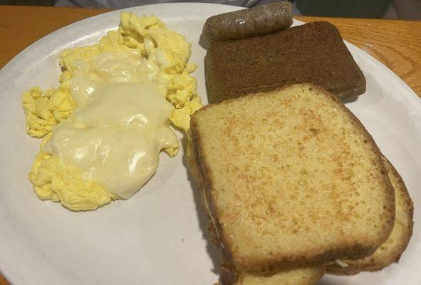 French toasts eggs scrapple and sausage