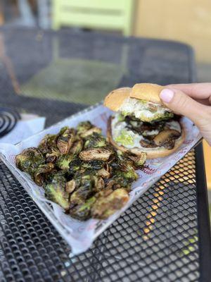 Gluten Free Truffle Mushroom Swiss Burger & Crispy Brussels Sprouts