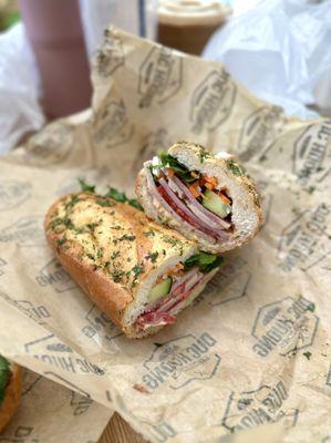 Dac biet (cold cut pork) banh mi with garlic bread