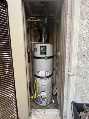 Bradford White 40 gallon water heater installed in outdoor closet