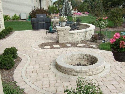 Firepit, patio, sitting wall