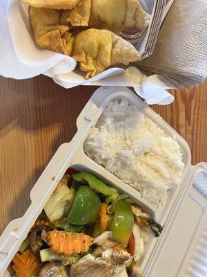 E San Thai - veggie stir-fry with chicken and crab Rangoon.