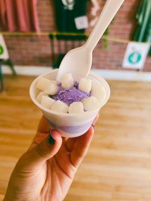 One scoop of ube mochi ice cream (this month's special) for $2 +change