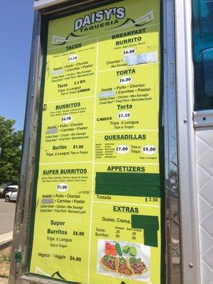 Daisy's Menu as of 4/26/2018