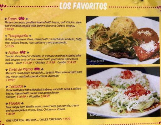 Favorite Mexican plates menu July 2021