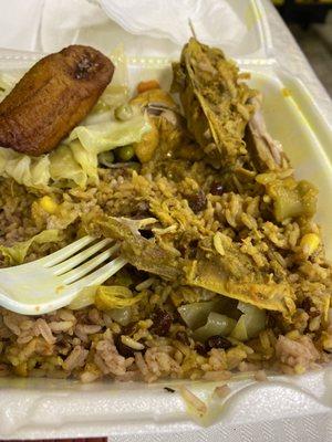 Curry Chicken with Rice & Peas and cabbage and plantain