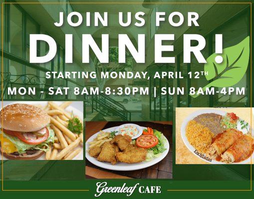 Join Us for Dinner! Now Open Mon - Sat 8:00am-8:30pm | Starting April 12th Sun 8:00am-4:00pm  (50% Capacity Seating)