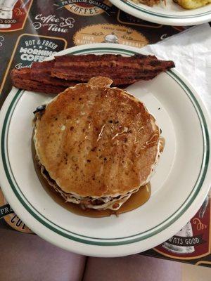 Amazing Blueberry and strawberry pancakes w/turkey bacon on the side