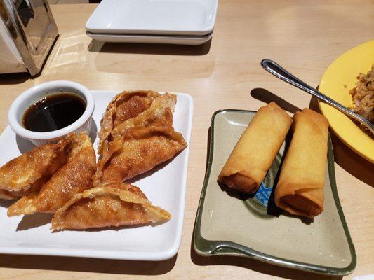 Chicken fried dumplings,  veggie spring rolls