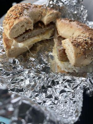 Everything bagel, sausage egg and cheese.