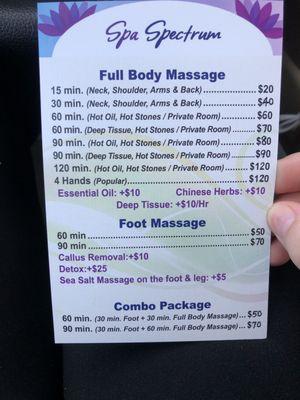 Spa Spectrum Massage Prices