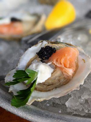 Oysters Moscovite. $16. Six James River oysters, caviar, smoked salmon, horseradish, sour cream.