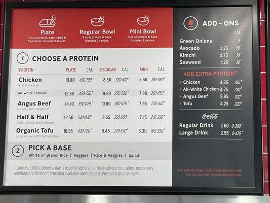 Current Menu prices 3/28/2022