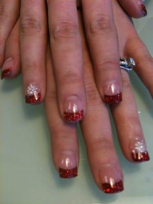 Red glitter powder tip with snow flakes great idea for Christmas season