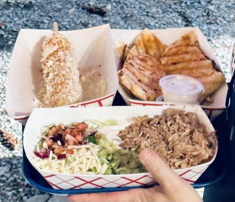 Elote Loko, quesadilla and bowl.