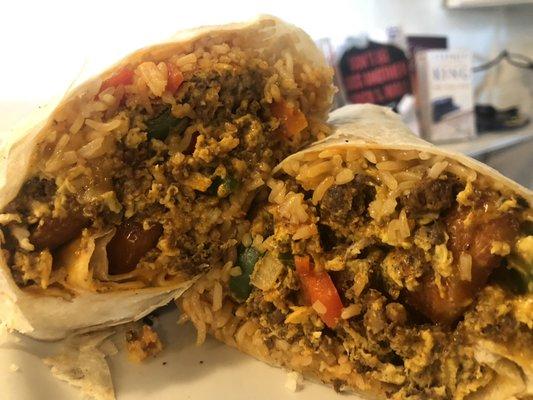 Pork belly adobo and Longaniza Fried rice breakfast burrito.