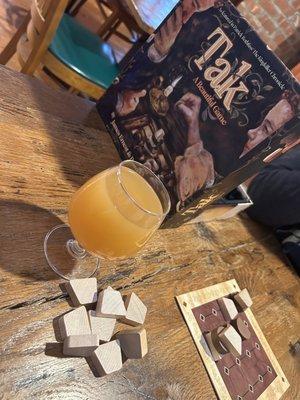 Apple cider mead mimosa! (And mid-play of Tak!)