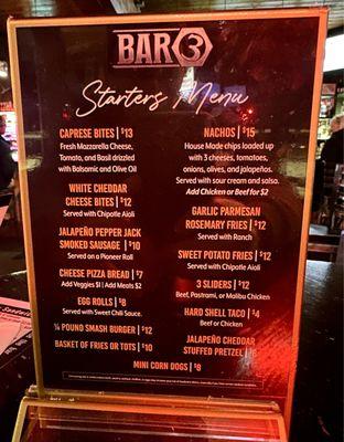 Bar bites menu.