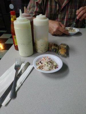 Coleslaw and condiments for our fish.