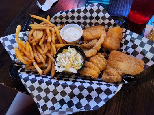 All you can eat fish fry with french fries and Coleslaw