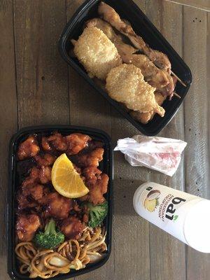 Orange chicken dinner special and the combo platter (bai not included)