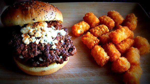 Double Black & Bleu Burger with Tots