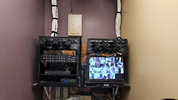 Dual wall mount racks w/ business sound system, CCTV, Firewall, and network hardware.