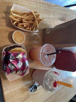 Cheese fries, Burger of the Month, Strawberry Lemonade, milkshake