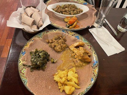 Sampler: chicken, beef, cabbage, and green