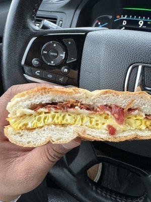 Bacon, egg, and cheese. Tasteless bacon and spongy egg