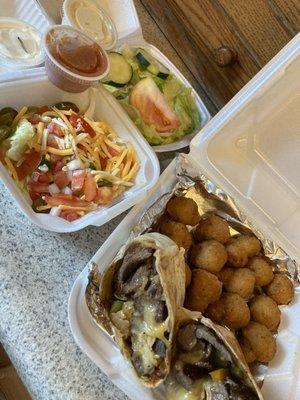 Steak Fajita, Fried Mushrooms, and Salad