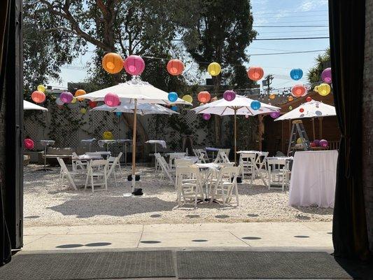 Colorful lanterns over patio