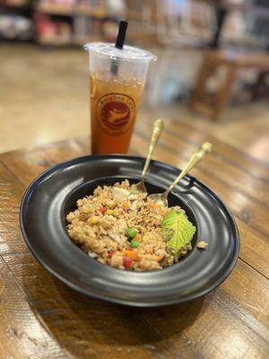 Mango black tea with popping pearls and rainbow jelly & Chinese rice