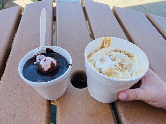 Comparison of a peanut butter sundae vs. a dish of strawberry ice cream