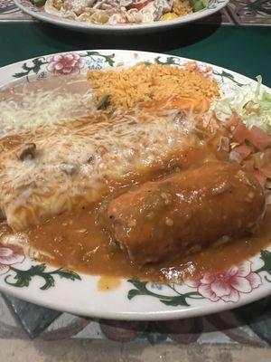 Combination plate with a smothered bean burrito and a crispy rellano.