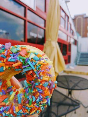 Made from scratch sprinkle donuts on the patio