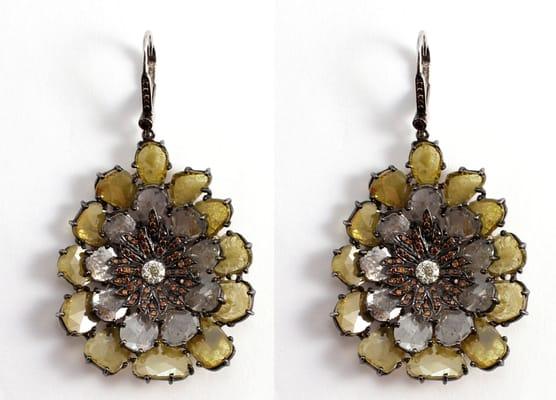 Yellow and White "Flats" diamond earrings in an antique style setting