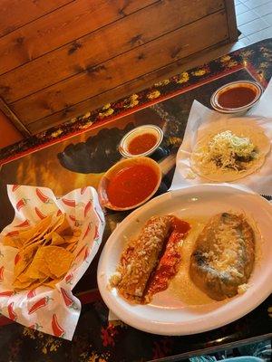 13. Chili Relleno, Taco and Chalupa Combination Chips/hot sauce and regular sauce Soft taco