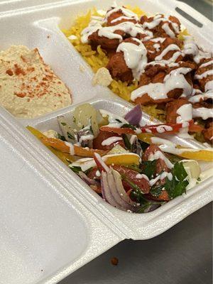 Chicken Over Rice, Greek Salad, Hummus.