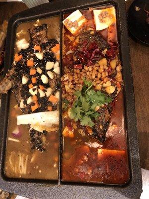 Sea bass, left side is with black bean paste, right side is spicy and hot