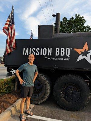 Military truck for Mission BBQ with American flags on the back. I love it. The American Way. Located in Skibo Marketplace.