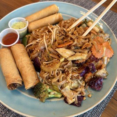 Thai Time pad Thai with vegetables, vegetable egg roll, and cheese rolls. A+