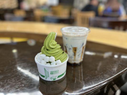 Green tea soft serve w/ mochi topping and coffee jelly milk