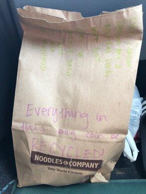 Got a cute earth conscious  message on my bag today :) great noodles!