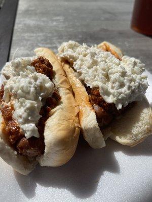 Chili, onion and slaw dogs! Yummy