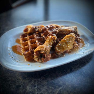 Chicken & Waffles at Mavrix - sweet and savory sure to delight your tastebuds!