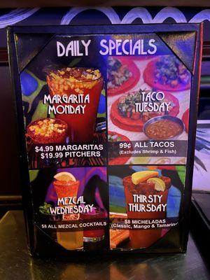 Daily specials as of March 2024