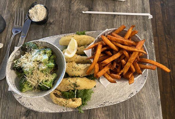 lake perch with cheesy broccoli and sweet potato fries